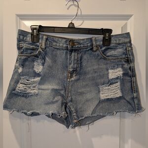 Sima Denim Distressed Cutoff Jean Shorts Medium Wash Raw Hem Size 33